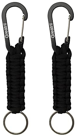 GREATRIL Paracord Schlüsselanhänger Karabiner 2 Schwarz - Schlüsselband Paracord Karabinerhaken Kurz für Arbeit Motorrad Flasche Camping Wandern Jungen/Mädchen/Herren/Frauen