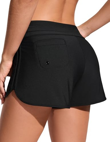 CRZ YOGA Damen Badeshorts Schnell Trocknend Schwimmshorts Sommer Boardshorts mit Seitlichem Split Schwarz 42