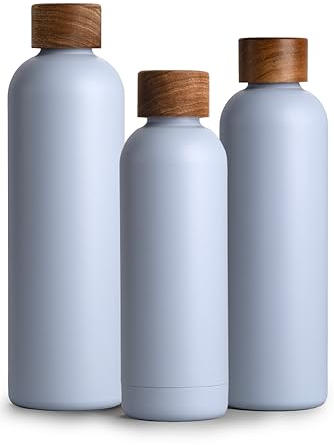 T&N Edelstahl Trinkflasche 500ml, Thermosflasche 0.5l mit Akazienholz Deckel, Isolierte Wasserflasche auslaufsicher bei Kohlensäure, Isolierflasche 500 ml - Sky Blue