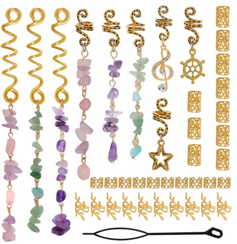 40Pcs Hair Jewelry for Braids, hoyuwak Natural Colored Crystal Stone Hair Braid Accessories Metal Hair Charms Gold Loc Dreadlock Spirals Cuffs Rings for Women Girls Rave Festival Hairstyle Decoration