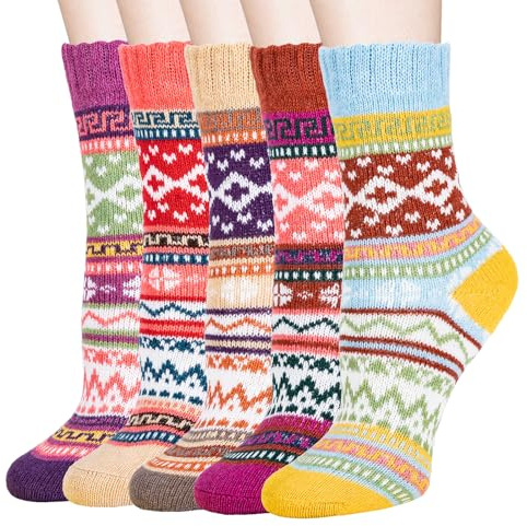 Thermal Winter Women Socks 5 Pairs Warm Knitting Crew Ladies Socks Soft Cotton Thick Bed Sock for Home Office School Hiking Ideal Christmas Gifts
