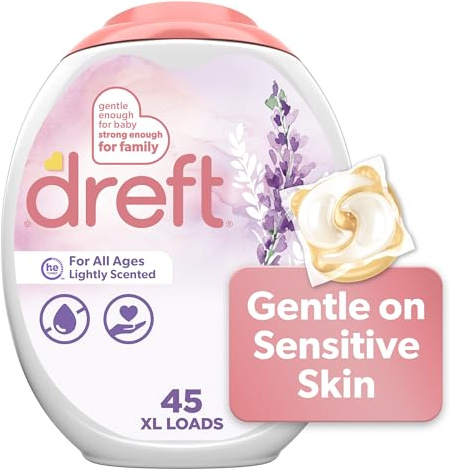 Dreft Laundry Detergent Pacs, Lightly Scented, Lavender, For Baby and Family, XL Pacs, 45 Count