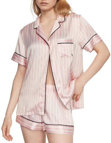 Victoria's Secret Set pigiama corto in raso setoso, pigiama da donna (XS-XXL), Rosa Iconic Strape, M
