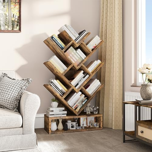 YITAHOME Estantería de árbol, estantería de pie con cajón de Madera, estantería Industrial, Estante de Almacenamiento para Sala de Estar, hogar, Oficina, estantes de Libros Marrón Rústico