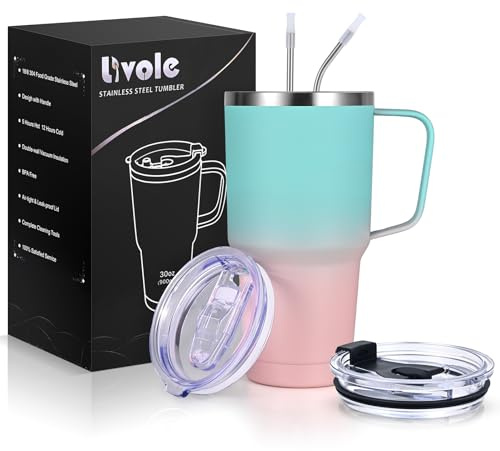 Livole 30oz 900ml Doppelwandig Thermobecher mit Strohhalm und Henkel, Edelstahl Isolierter Camping Becher mit Henkel, Griff, Kaffeebecher to go Thermo, Trinkbecher für Kaffee, Blau und Rosa