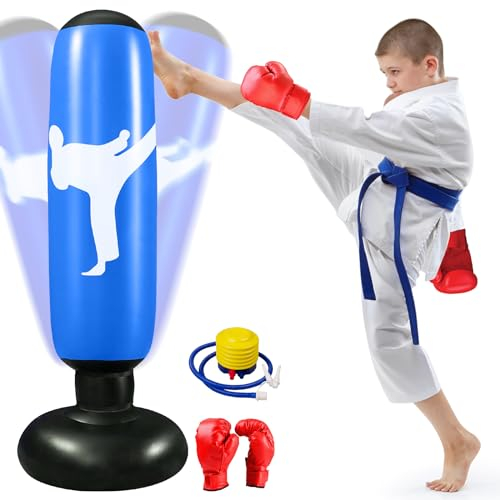 Qoosea Boxsack für Kinder, 160cm Stehender Boxsack, Aufblasbarer Trainingsboxsack mit integrierter Luftpumpe und Boxhandschuhe für Karate, Kickboxen, Jungen und Mädchen