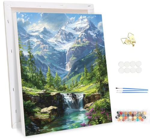 MEIYUDA Pintar por Numeros Adultos con Marco Paisaje Río de Montaña, DIY Pintura por Numeros Kit Manualidades, Cuadros por Numeros Pigmento Acrílico, Decoración para el Hogar Regalo de pared 30x40cm