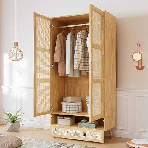 Gelukueub Kleiderschrank mit Stange, 2-türiger Kleiderschrank, Schlafzimmer, Rattannetz, Wohnzimmer, mit unterem Flip-Top-Deckel, Spanplatten+PE-Rattan, Natur