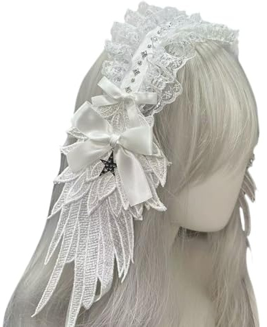 Gissroys Anime hembiträde rosett huvudbonad ängelsk vinge spets pannband för halloween fest cosplay kostym hårtillbehör för nattevenemang vingar huvudbonader