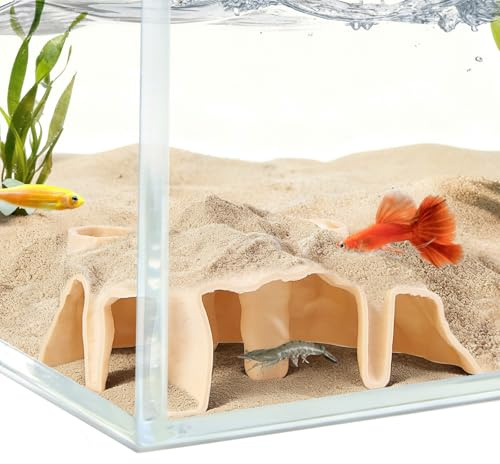 Swirge Aquarium Corner Cave, Underground Aquarium Cave Tunnel, Corner Viewing Fish Tank Hideout, Under Gravel Tunnel for Fish and Shrimp (Yellow)