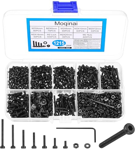 1215Pcs M2 Screw Set, Black Hex Socket Head Cap Screws and Nuts Assortment Kit, Precision Carbon Steel Machine Screws with Washers, Small Metric Screw and Nut Set for DIY & Electronics