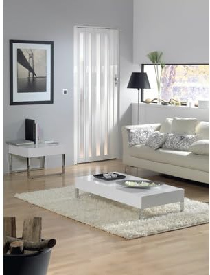 Falttür Schiebetür Lamellentür Nischentür aus Kunststoff Faltwand 84x205cm (Variante 4 mit Fenster weiß glänzend)