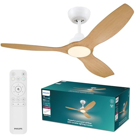 Philips Olas Ventilador de Techo con Luz LED, 3 aspas, Diámetro 132 cm, 2650 Lúmenes, Luz Blanca Ajustable de 3000 K a 6500 K, Regulable al 5%, Mando a Distancia Incluido, Blanco/Madera