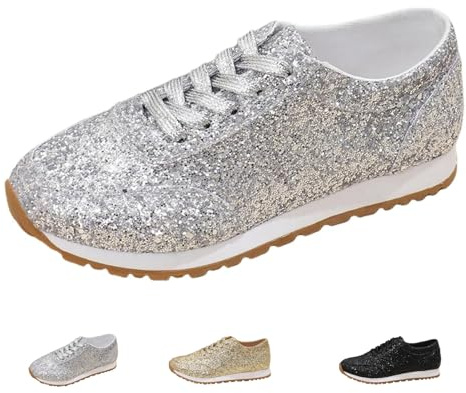 Zapatos deportivos de lentejuelas para mujer, con purpurina, transpirables, ligeros, metálicos brillantes, para fiestas, bodas, novias, informales, tenis, moda y caminata, Silver, 39 EU