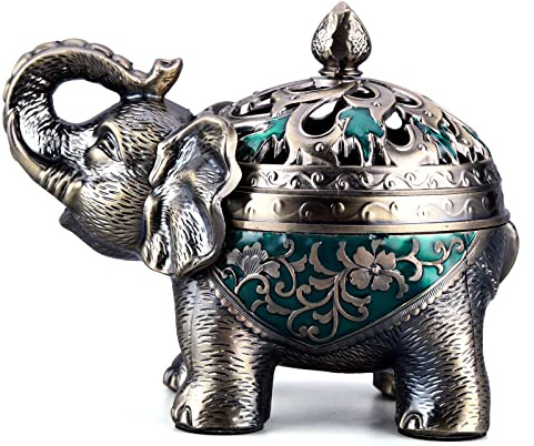 K COOL Metal Backflow Incense Holder Elephant Cone Incense Burner Candle Holder with Lid, Aromatherapy Ornament Home Office Decoration for Indoor Outdoor (Green)