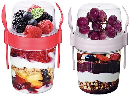 VL Yogurt Pots Reusable Overnight Oats Container with Spoon & Fork BPA free Breakfast Pots to GO Muesli Cereal On the Go Dishwasher Safe Lunch Box Oatmeal Jars (Set of 2 (Red, Pink), 800ml)