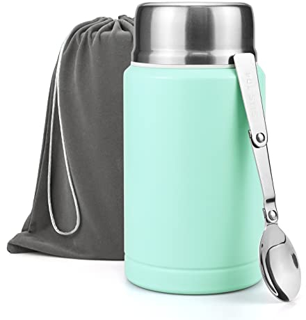 Food Flask, 750ml Vacuum Insulated Food Jar Stainless Steel Double Walled Vacuum Insulated Food Containers for Hot Cold Food, Kids and Adults Leakproof Soup Flask with Folding Spoon & Bag - Blue