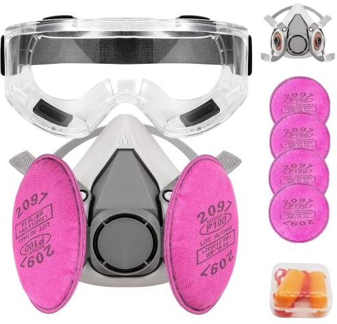 Half Facepiece Respirator, Reusable Respirator with 4Pcs 2097 Filter and Goggle Earplug for Paint, Dust, Organic Vapor, Epoxy resin, Cutting, Polishing and Other Work Protection