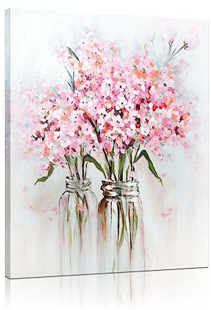 YPY Pink Flowers Canvas Wall Art: Abstract Bouquet in Vase Artwork Prints for Teen Girl Bedroom Pink Floral Picture Poster Bathroom Decor 12 x 15