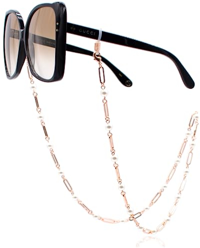 GERNEO® – Mendoza – Premium Brillenkette & Brillenband in vielfältigen Farben aus 18 Karat Gold oder 925er Silber – mit großen länglichen Gliedern & Perlen (rosegold) – für Lesebrillen & Sonnenbrillen