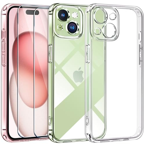 ivoler 3 in 1 Hülle Kompatibel für iPhone 15 6.1 Zoll, 1 Handyhülle mit 2 Stück Panzer Schutz Glas, [Nie Vergilbung] [Kameraschutz] Dünn Transparent Stoßfest Schutzhülle Kratzfest Case