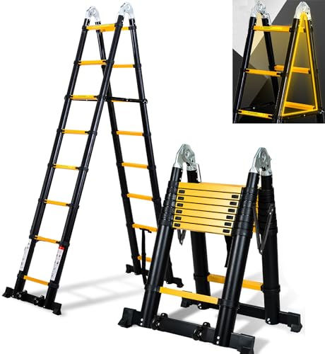 Cecaylie Escalera telescópica Plegable de Aluminio con Ruedas Dobles extraíbles, 5 m (2,5 + 2,5 m) Carga máxima de 150 kg, Color Negro y Amarillo
