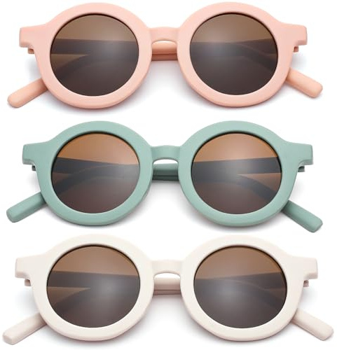 DIMENSIP Toddler Sunglasses for Girls Boys - Kids Round UV400 Protection Glasses Age 2-8(Pink/Brown + Green/Brown + Beige/Brown)