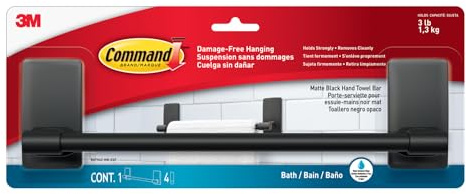 Command Handtuchhalter für Badezimmer, Mattschwarz - 1 Handtuchhalter + 4 Wasserfeste Streifen - Organisieren ohne Löcher und Bohren - Haltekraft bis zu 1,8 kg