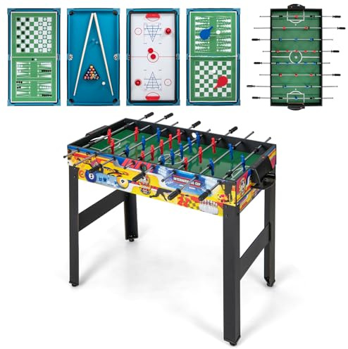 COSTWAY Mesa Multijuegos, Combinada con Futbolín, Air Hockey, Piscina, Ping Pong, Ajedrez, Bolos, Tejo - 121 x 105 x 90,5 cm(12 en 1)