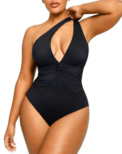 SHAPELLX Shapewear Swimsuit for Women Tummy Control V Neck One Piece Bathing Suit Ruched Full Coverage Swimwear Black M
