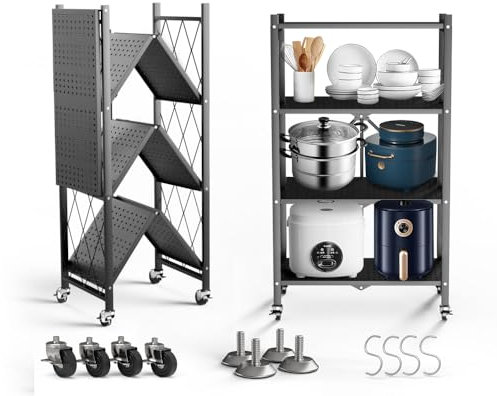Svkiyang Faltbares Lagerregal auf Rädern, große Kapazität (keine Montage), robuster Stahl, 5 Fächer, Organizer für Küche, Garage und Waschküche, Badezimmer, Werkzeugorganisation (grau, 4 Ebenen)