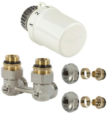 Honeywell Wandanschluss-Set für Henrad Heizkörper, Thermostat, H-Block geneigt, Anschlüsse 1/2-F und 3/4, Sauger 1/2-3/4, Anschlüsse PEX-ALU 16x2mm