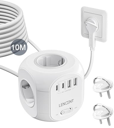 LENCENT 4 Fach Steckdosenleiste Flachstecker Steckdosenwürfel Mehrfachsteckdosen 8 in 1 Cube Steckdose Steckerleiste mit 2 USB A, 2 Typ-C, Mehrfachstecker mit 10 Meter Kabel für Wandsteckdose