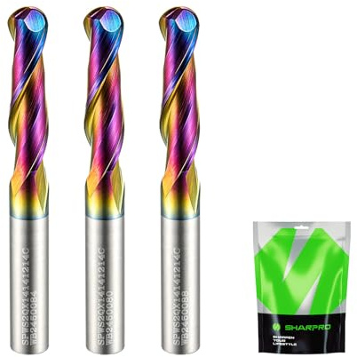 SHARPRO 1/4 Ball Nose CNC Router Bits 1/4 Inch Shank, Carbide Ballnose Up Cut Router Bit with Coated, End Mill for Wood, Aluminum, Engraving, 1 CL, 2-1/4 OVL (3PCS)
