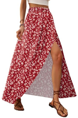 Zeagoo Gonne Lunghe da Donna A Trapezio Vita Alta Gonne Fiori Estiva Gonna Floreale Elastico in Vita Gonna Skirt con Spacco Floreale Rosso M
