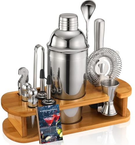 Cocktail Shaker Set Bartender Kit: 13-Pcs Bar Tools Set with Bamboo Stand, Essential Bar Accessories for Home: 25oz Martini Shaker, Jigger, Bar Spoon, Professional Cocktails Kit for Drink Mixing |Gift