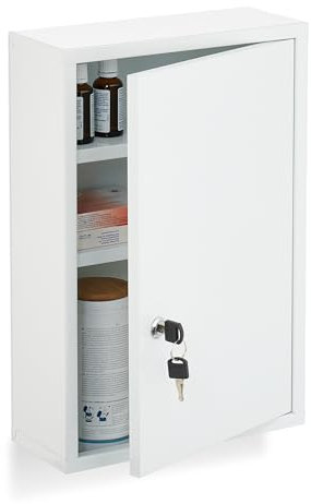 Relaxdays Botiquín Pared, con Llave, 45 x 30 x 12 cm, 3 Baldas, Acero, Armario Medicinas, Primeros Auxilios, Blanco