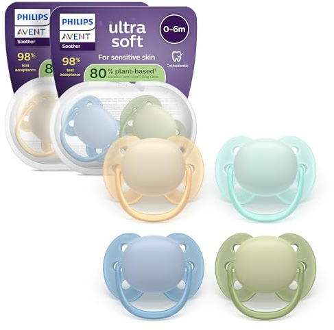 Philips Avent ultra soft Schnuller – kiefergerecht geformtes Design, für Babys von 0–6 Monaten, flexibles Saugerschild, symmetrischer Silikonsauger, BPA-frei, 4er-Pack, SCF091/50