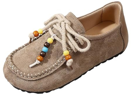 NHBEOEN Suede Moccasins Loafers for Women with Beaded Fashion Comfortable Round Toe Slip On Flats Daily Work Walking Shoes (Khaki,8)