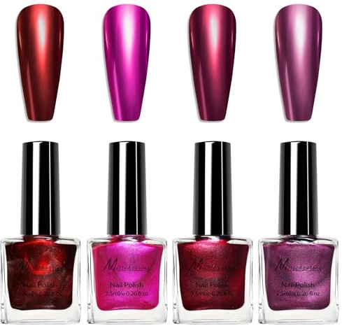 4 st pärlröda nagellacksset, glansig snabbtorkande och långvarig giftfri nagelpolsk, metallisk glans, inget UV-nagellack för gör-det-själv nageldesign, nagelkonst manikyr hemma (7,5 ml)