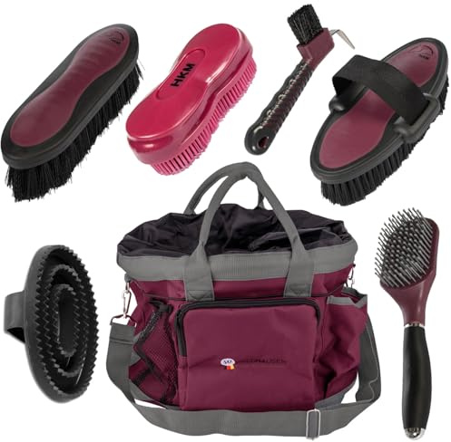Set de cuidado de caballos Bordeaux Edition | 7 piezas con bolsa de limpieza – cepillos, barras y raspadores para el cuidado de caballos, juego completo para pelaje, melena y pezuñas | burdeos