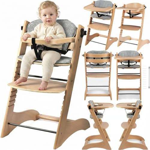 Magic ZC Seggiolone Evolutivo in Legno Naturale, Seggiolone per Bambini Sedia da Pranzo per Multifunzionale Pappa Regolabili Convertibile con Vassoi Staccabili (8126 Natural Wood)