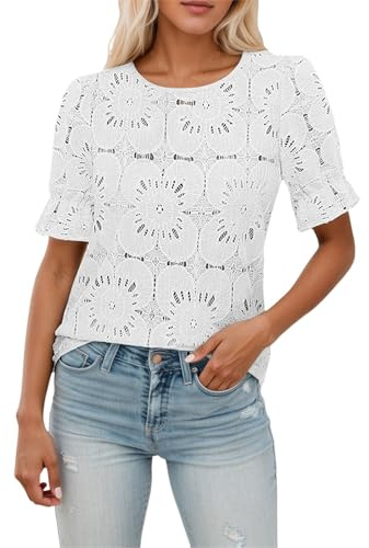 Blusas de Verano con Ojales y Mangas Cortas abullonadas para Mujer, Elegantes, Informales, Bonitas, con Encaje de Crochet Calado y Bordado.
