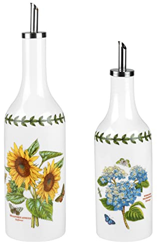 Portmeirion Botanic Garden Oil & Vinegar Drizzler Set - 9 Oil Dispenser & 7.5 Vinegar Bottle with Sunflower & Hydrangea Motif - Fine Porcelain Dressing Shaker Bottle, Dishwasher & Microwave Safe