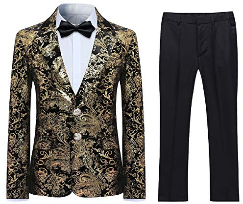 Garçon Costume 2 Pièces Classique Doré Floral Jacquard Slim Fit Toussaint Mariage Bal Tuxedo Veste et Pantalon,Or,10-11 Years/ 140