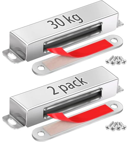 Strong Magnetic Door Catches/Latches 30 kg 2 Pack - Hold Warped Doors Tight | Cabinet Magnets for Closure Stainless Steel for Cupboard Closet Drawer Window - No Measure or Mark Install in 5 Mins
