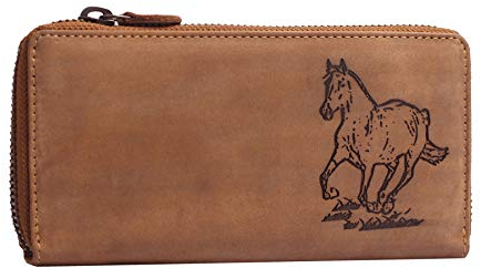 Greenburry Vintage Leder Damen Geldbörse Portemonnaie Pferde Motiv Braun 19x10x2,5cm