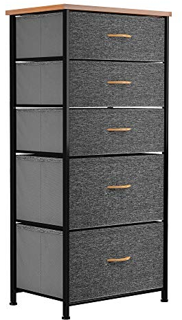 YITAHOME kommode Schmal, Schrank mit 5 Schubladen aus Stoff, Aufbewahrungskommode Industrial Stil für Schlafzimmer, Wohnzimmer,Flur, Dunkelgrau Aufbewahrungsschrank