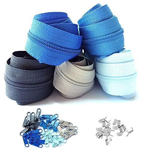 Reißverschluss endlos 3mm 15m Nylon Endlosreißverschluss 5 Farben mit 30 Zipper und 60 Endstück, Reißverschlüsse spiralförmig Meterware teilbar, 2.5cm breit für Kleidung Tasche Mäppchen Bettwäsche