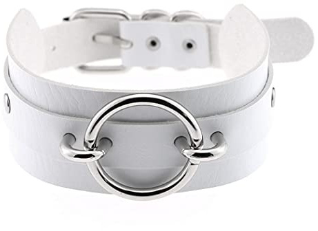Aabellay Collier Ras du Cou en Cuir PU Gothique Collier Ras du Cou avec Anneau Cercle Argent Punk Rock Taille Réglable - Blanc